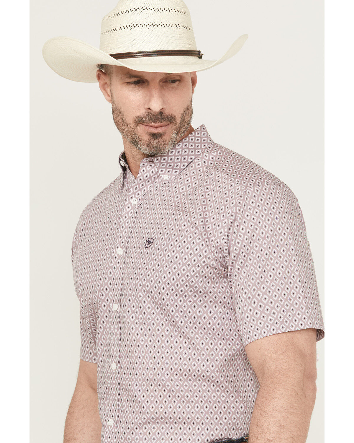 Image #2 - Ariat Men's Rafael Wrinkle Free Geo Print Short Sleeve Button-Down Western Shirt, Light Purple, hi-res