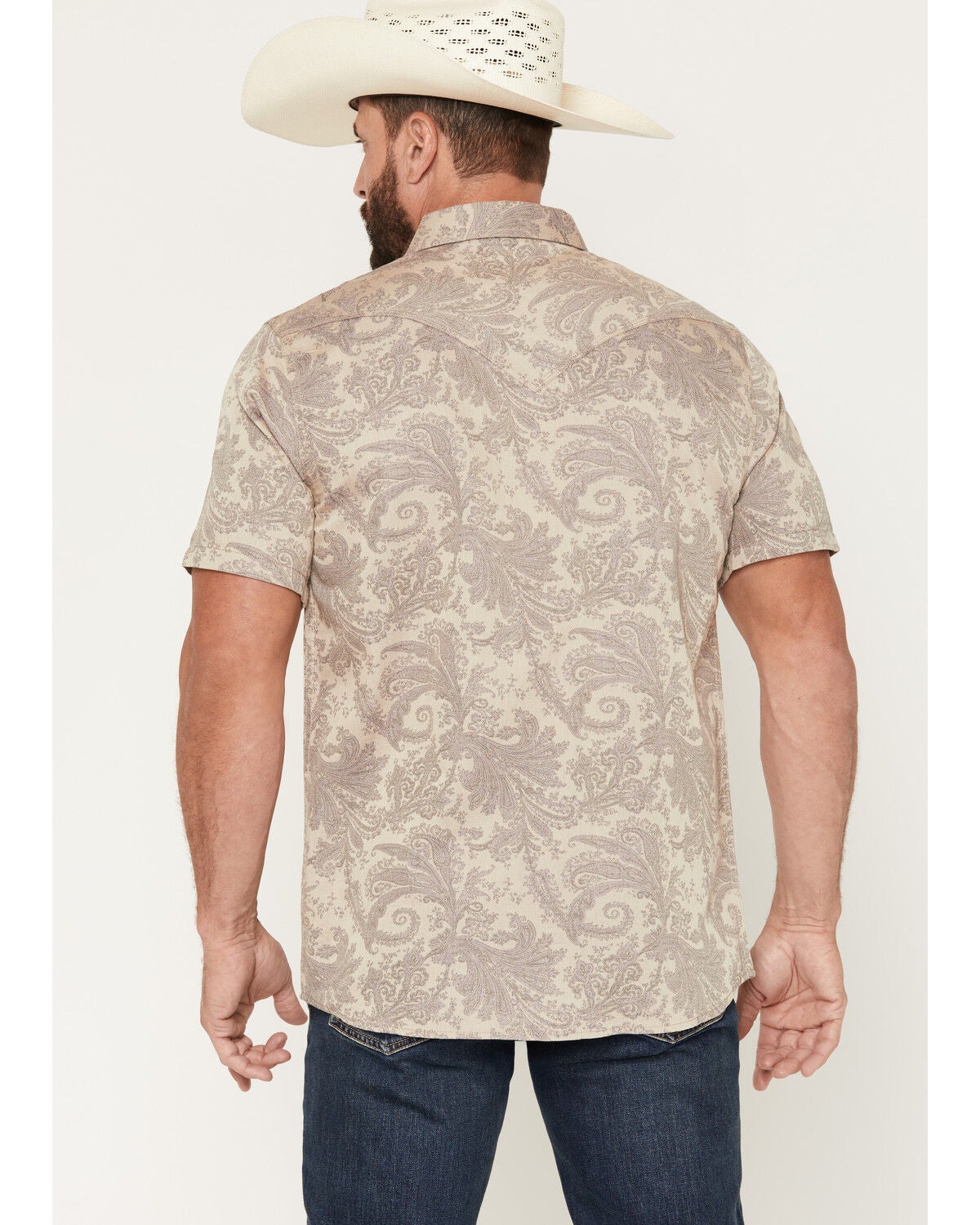 Image #4 - Moonshine Spirit Men's Regal Rebellion Paisley Print Short Sleeve Snap Western Shirt, Purple, hi-res