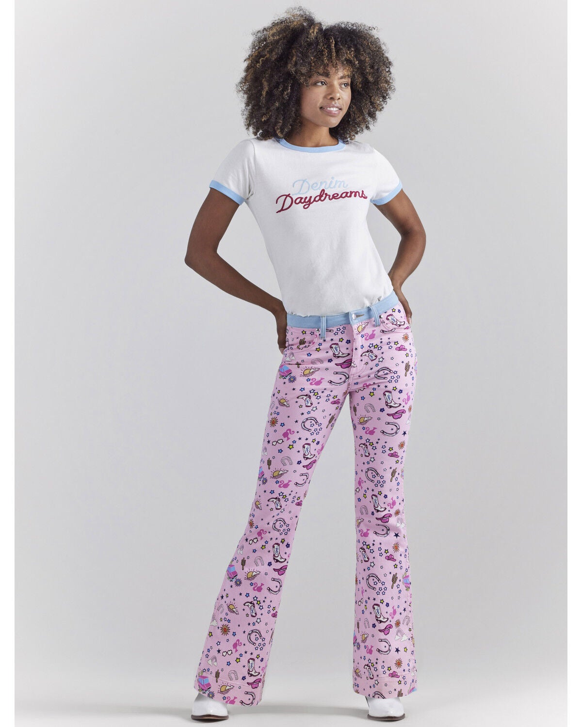 Image #2 - Wrangler&reg; X Barbie&trade; Women's Denim Daydreams Slim Ringer Tee, White, hi-res
