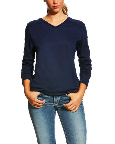 Image #1 - Ariat Women's FR AC Long Sleeve Work Shirt, Navy, hi-res