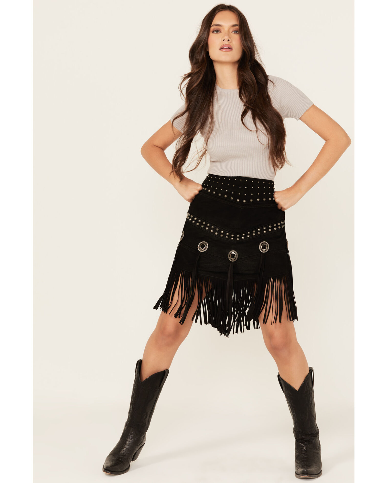 Scully women's suede leather fringe skirt discount