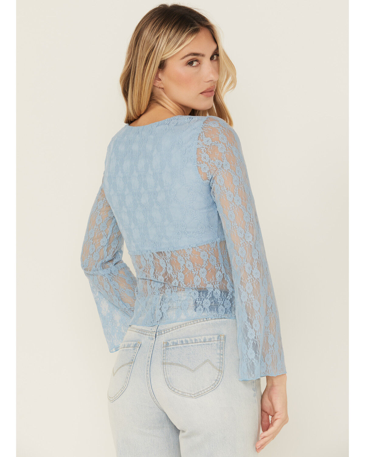 Image #4 - Trixxi Women's Solid Lace Long Bell Sleeve Shirt, Blue, hi-res