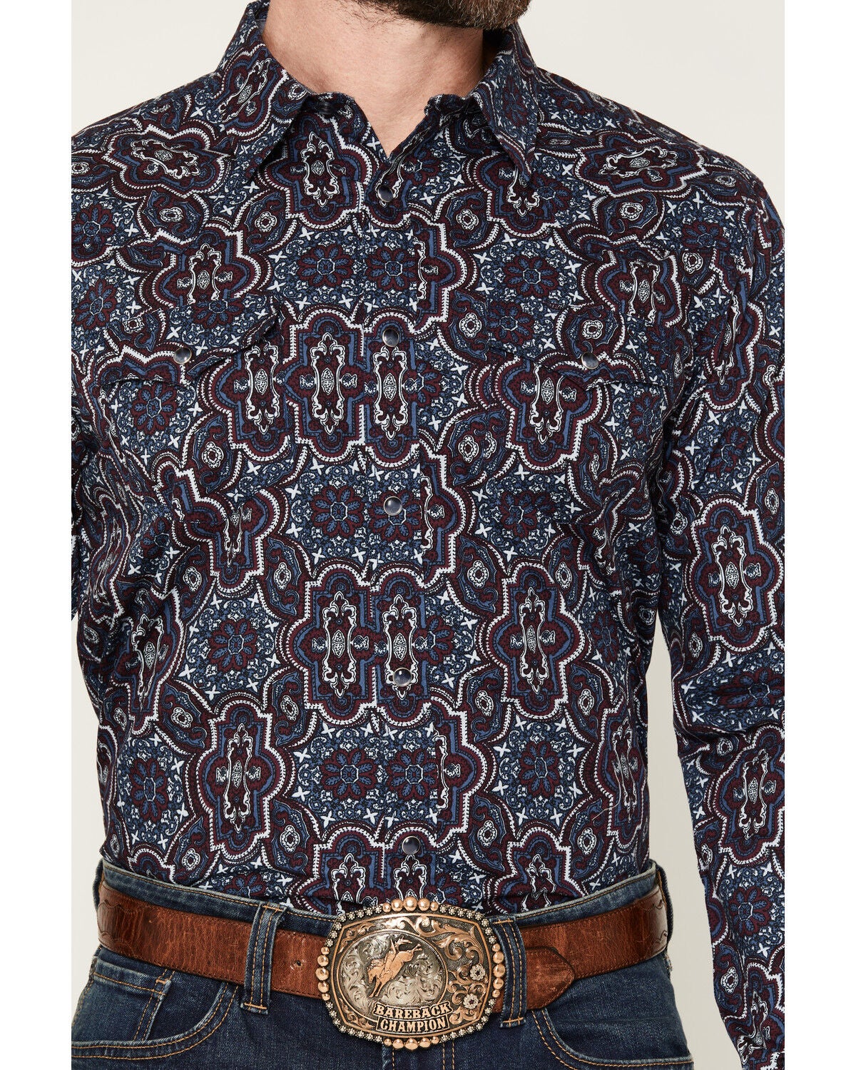 Image #3 - Cody James Men's Muddy Medallion Print Long Sleeve Snap Western Shirt, Navy, hi-res
