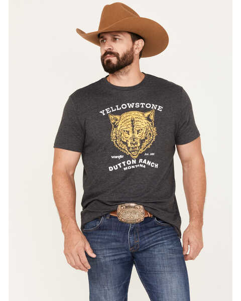 Image #1 - Wrangler Men's Yellowstone Dutton Ranch Wolf Short Sleeve Graphic T-Shirt, Black, hi-res