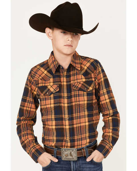 Image #1 - Cody James Boys' Plaid Print Long Sleeve Snap Western Flannel Shirt, Brown, hi-res