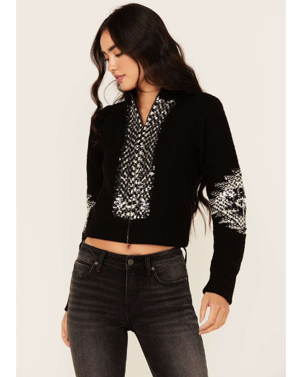 Image #2 - Idyllwind Women's Dallas Sequins Cropped Zip Front Sweater, Black, hi-res