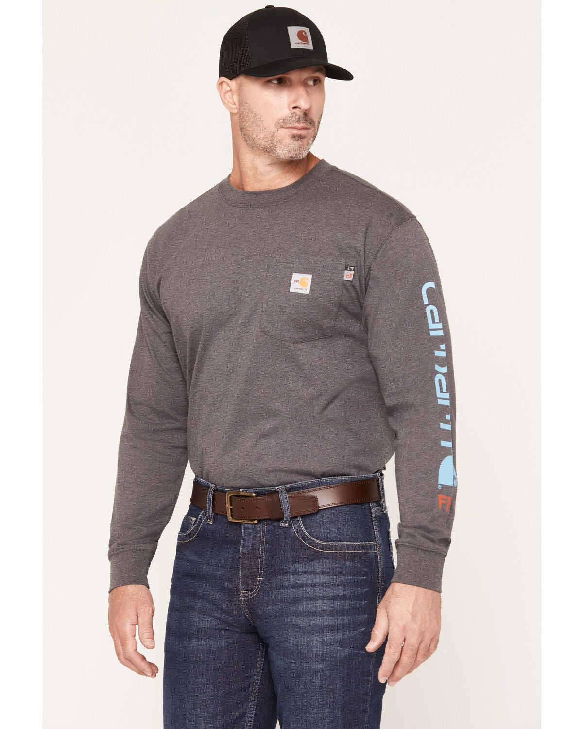 Carhartt Men's FR Loose Fit Midweight Logo Long Sleeve Graphic Work Shirt, Charcoal, hi-res