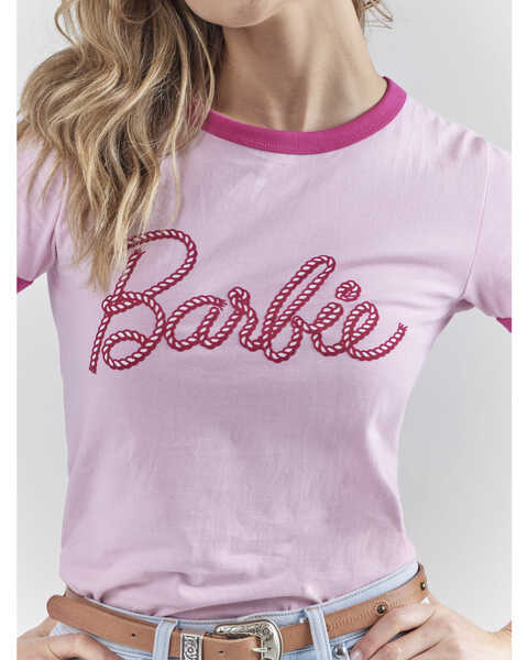 Image #2 - Wrangler® X Barbie™ Women's Logo Slim Ringer Tee, Pink, hi-res