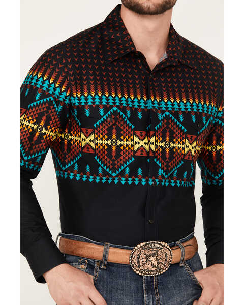 Image #3 - Rock & Roll Denim Men's Southwestern Print Stretch Long Sleeve Snap Western Shirt, Black, hi-res