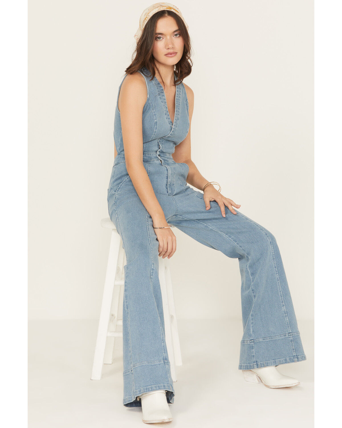 Image #1 - Flying Tomato Women's Light Wash Open Back Denim Jumpsuit, Light Wash, hi-res