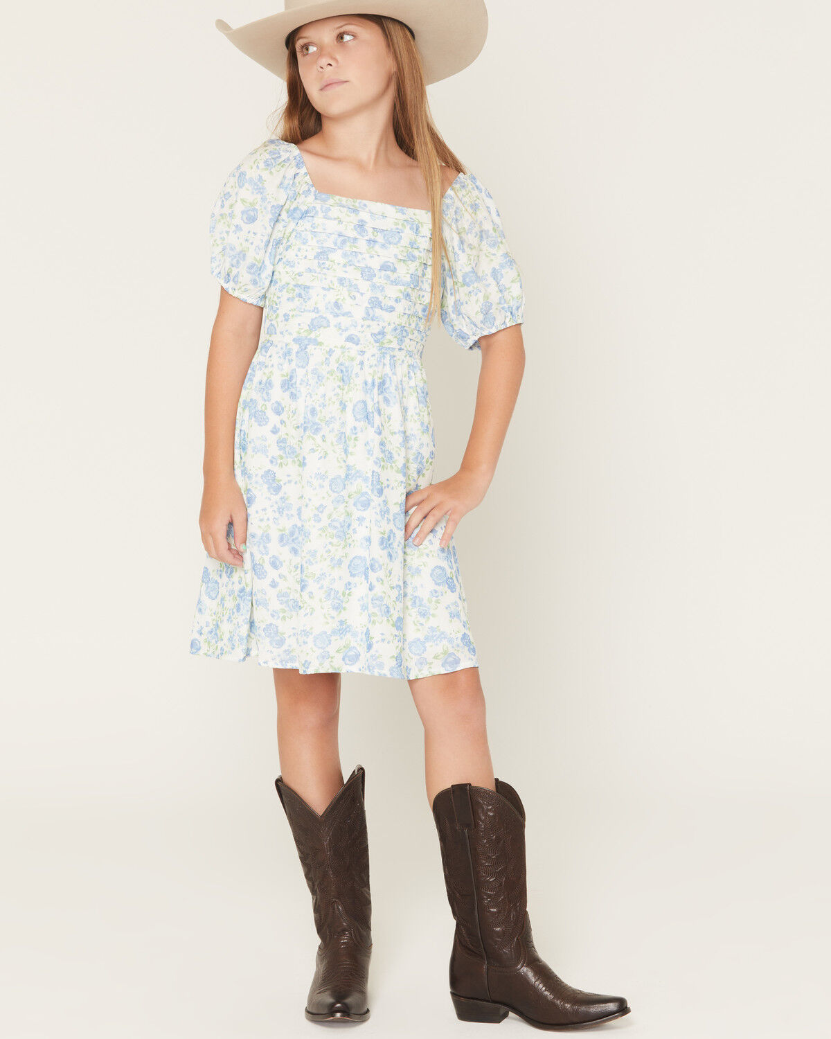 Image #1 - Trixxi Little Girls' Floral Print Puff Sleeve Midi Dress, Blue, hi-res