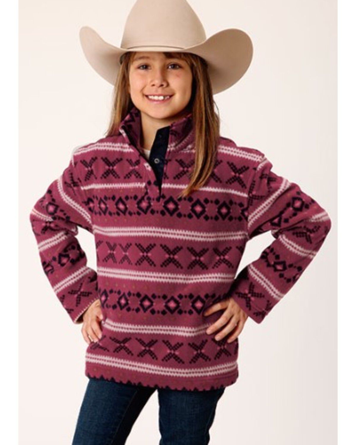 Roper Girls' Striped Print Micro Fleece Pullover, Red, hi-res
