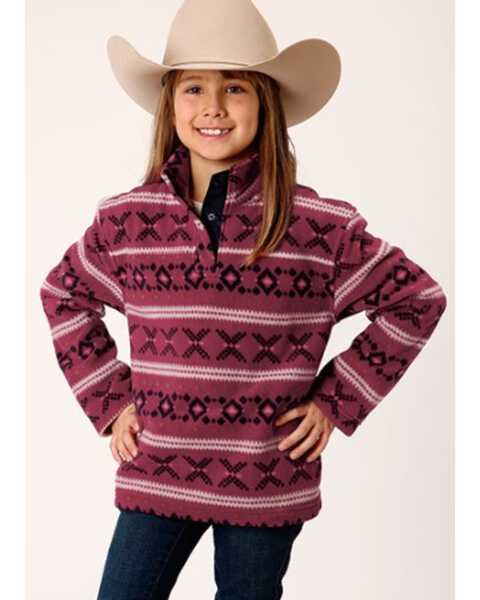Image #1 - Roper Girls' Striped Print Micro Fleece Pullover, Red, hi-res