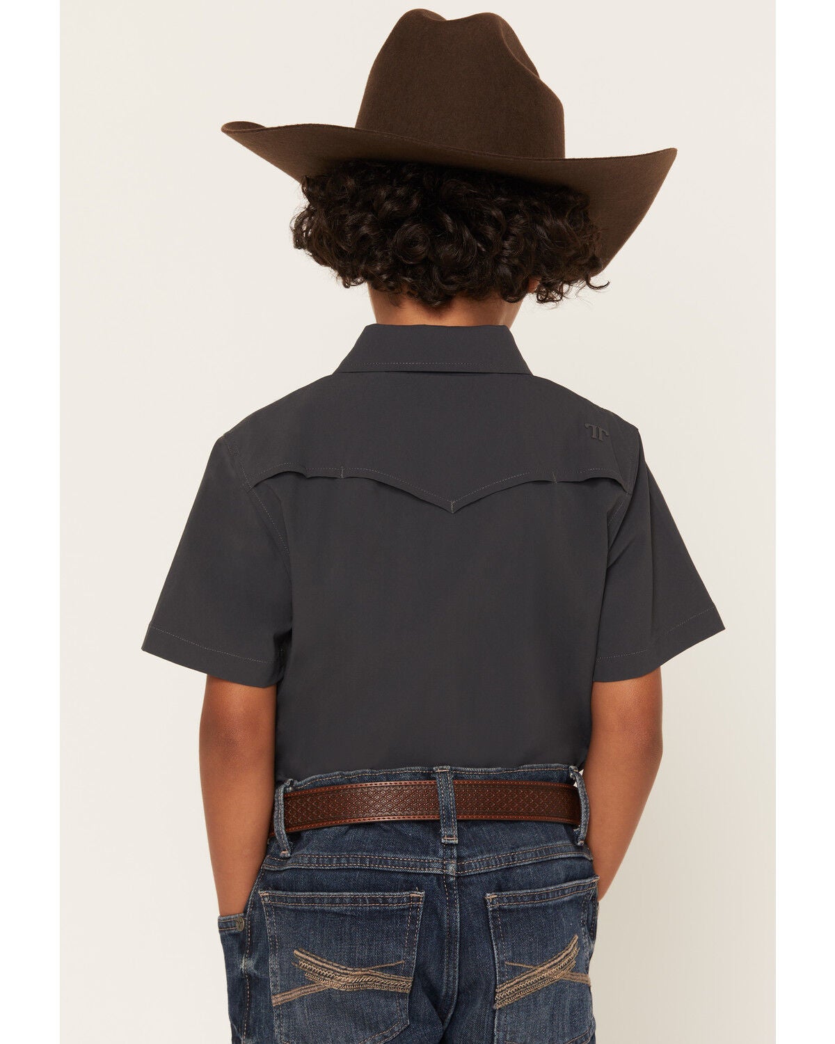 Image #4 - Ferrell Boys' Core Tek Solid Short Sleeve Snap Performance Western Shirt, Grey, hi-res