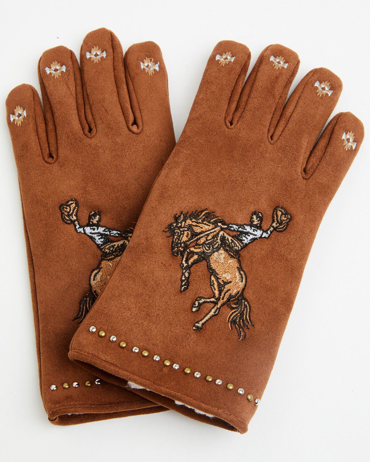 Idyllwind Women's Fireside Embroidered Cowboy Faux Suede Gloves, Brown, hi-res