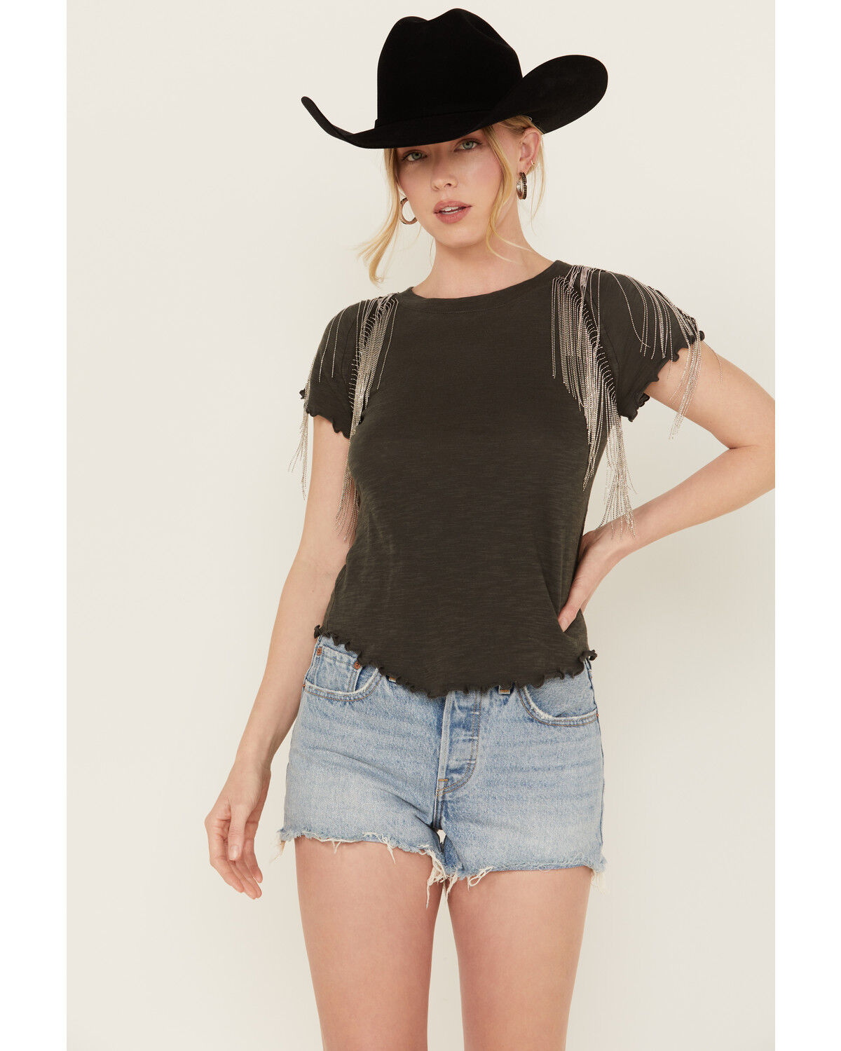 Image #1 - Free People Women's Shoulder Tassel Short Sleeve Tee, Grey, hi-res