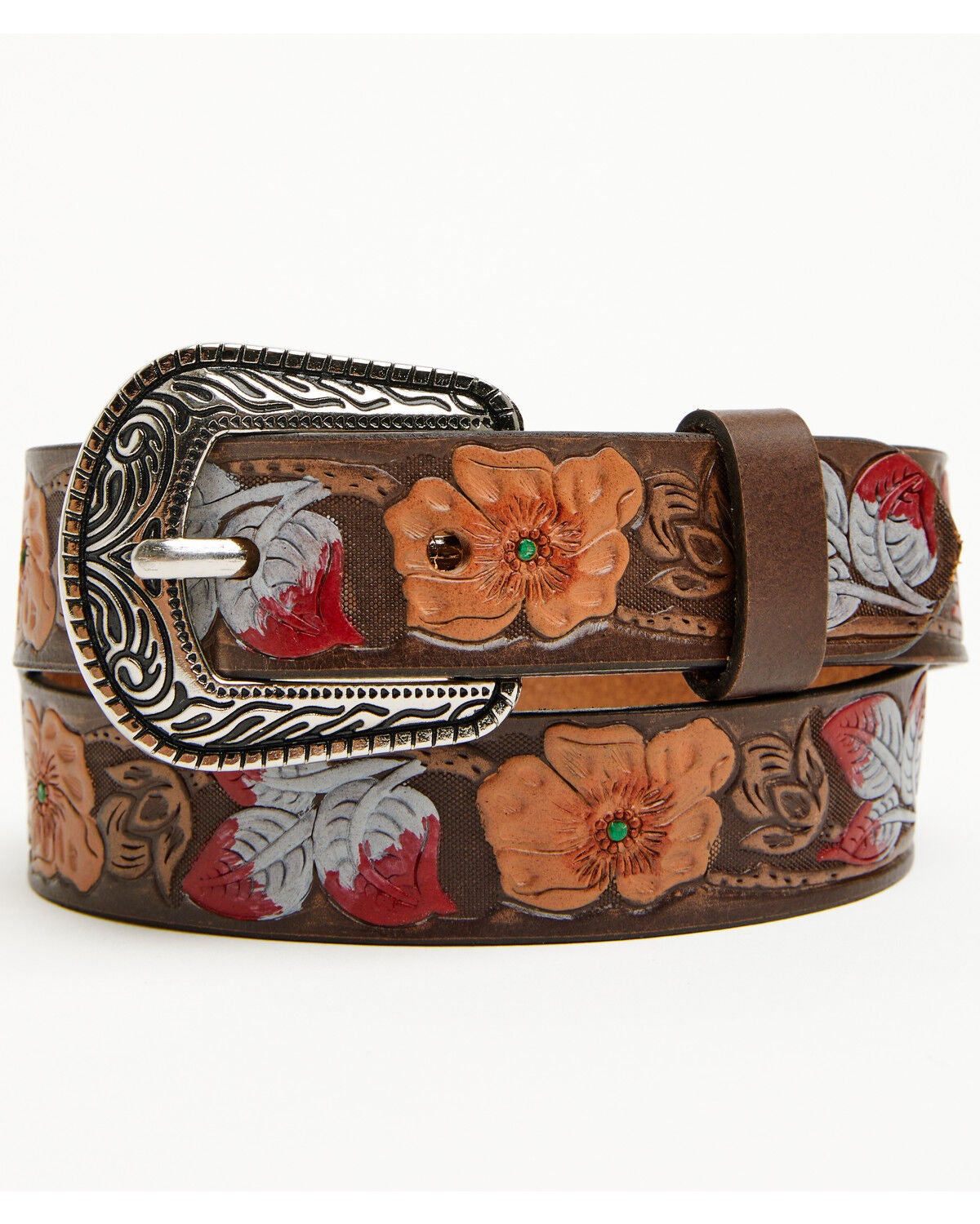 Roper Girls' Painted Floral Embossed Leather Belt, Brown, hi-res