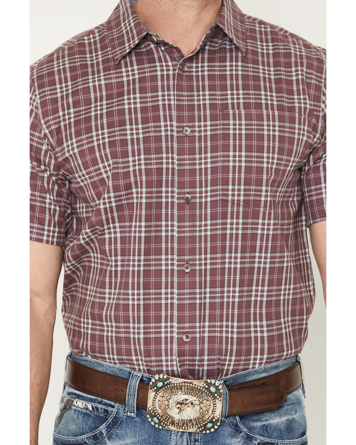 Image #3 - Cody James Men's Cowboy Brew Plaid Print Short Sleeve Button-Down Stretch Western Shirt, Burgundy, hi-res