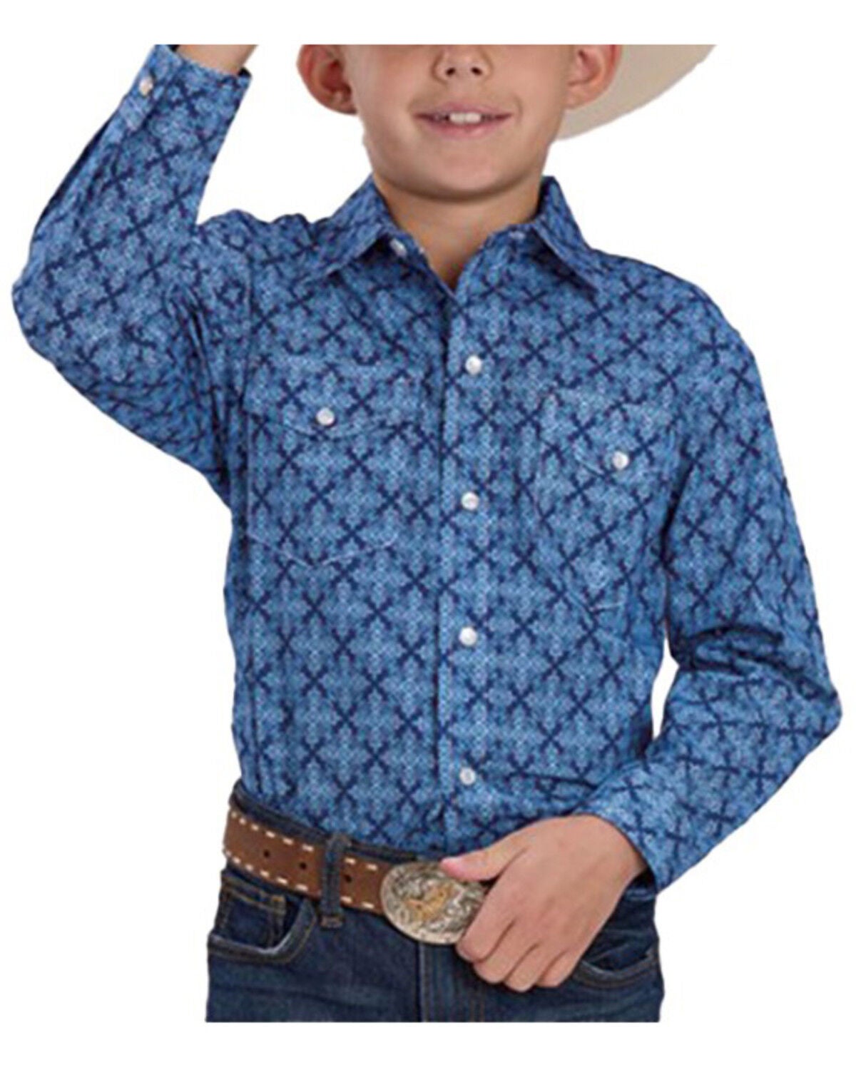 Image #1 - Roper Boys' Medallion Print Short Sleeve Snap Western Shirt, Blue, hi-res