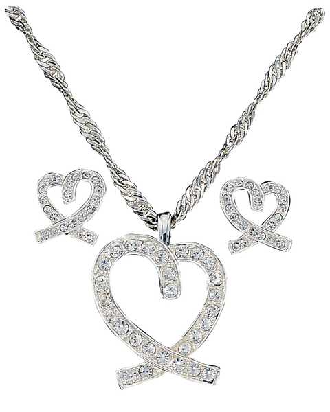 Montana Silversmiths Women's A Caring Heart in Clear Rhinestones Necklace & Earrings Jewelry Set, Silver, hi-res