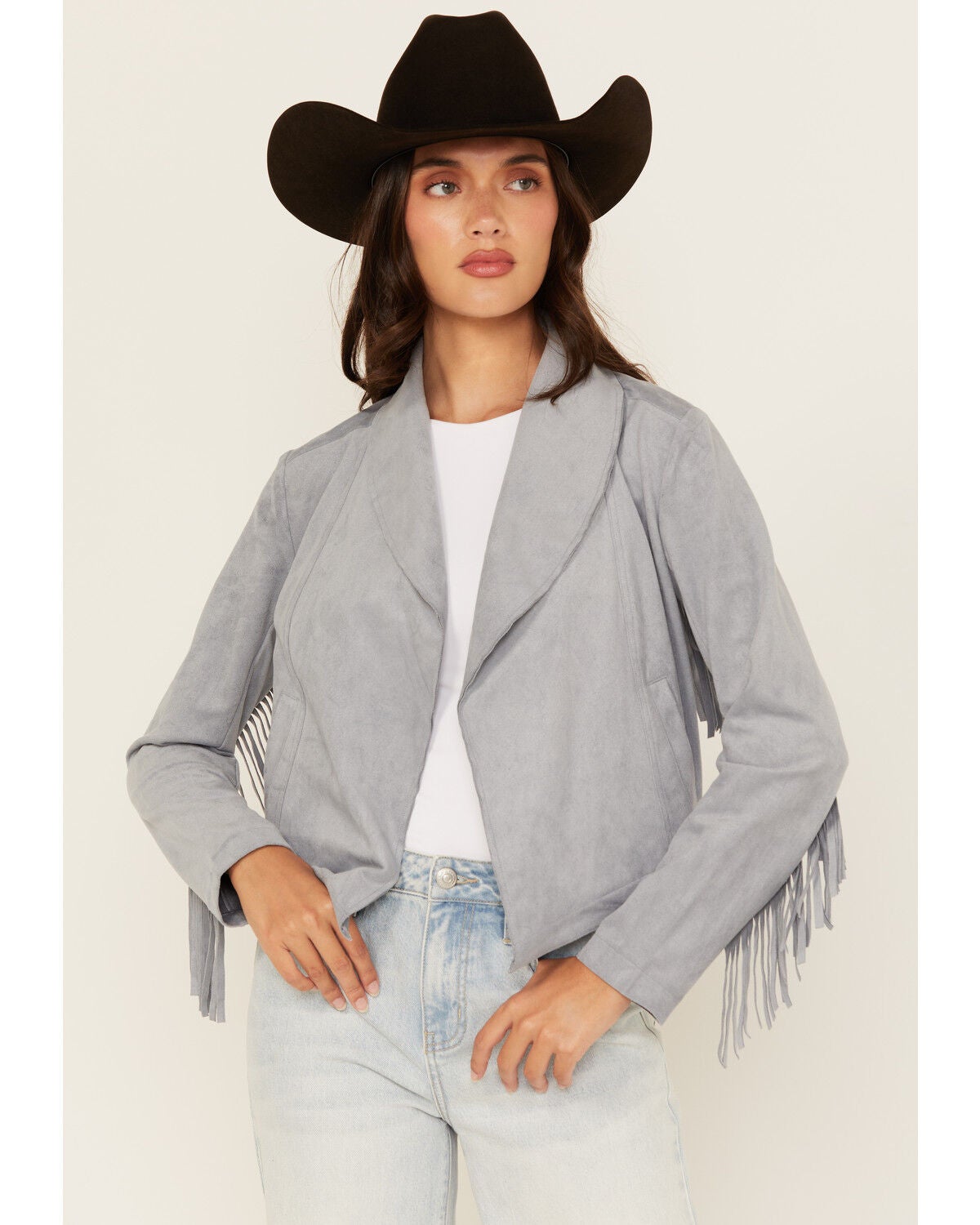 Shyanne Women's Faux Suede Fringe Jacket, Slate, hi-res