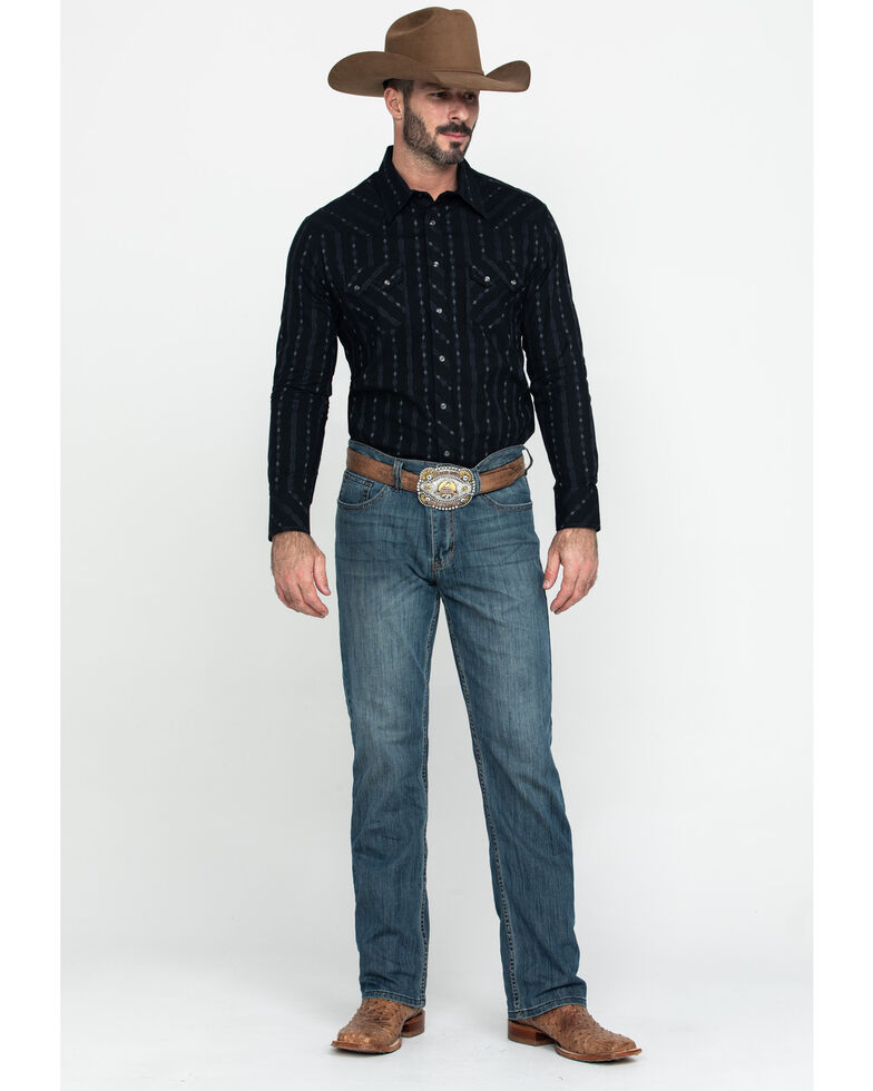 Rock & Roll Denim Black Jacquard Striped Geo Print Long Sleeve Western Shirt , Black, hi-res