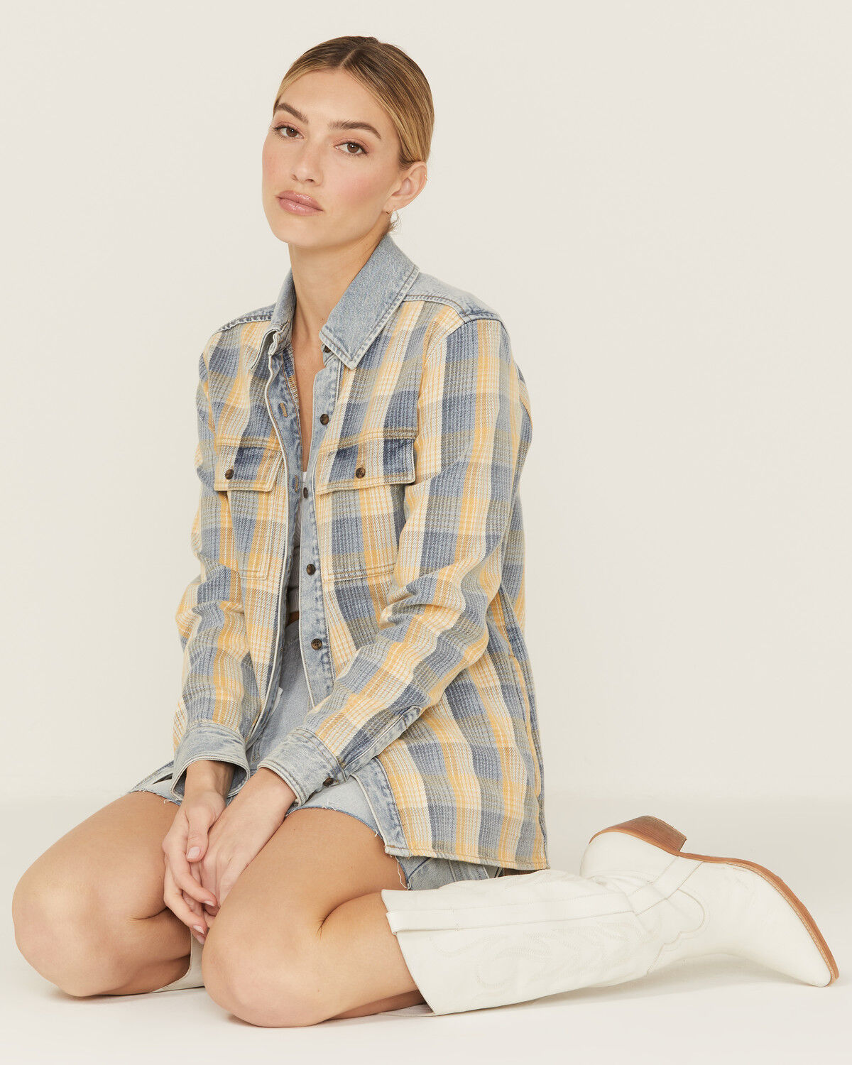 Image #2 - Cleo + Wolf Women's Light Wash Denim and Plaid Print Shacket, , hi-res