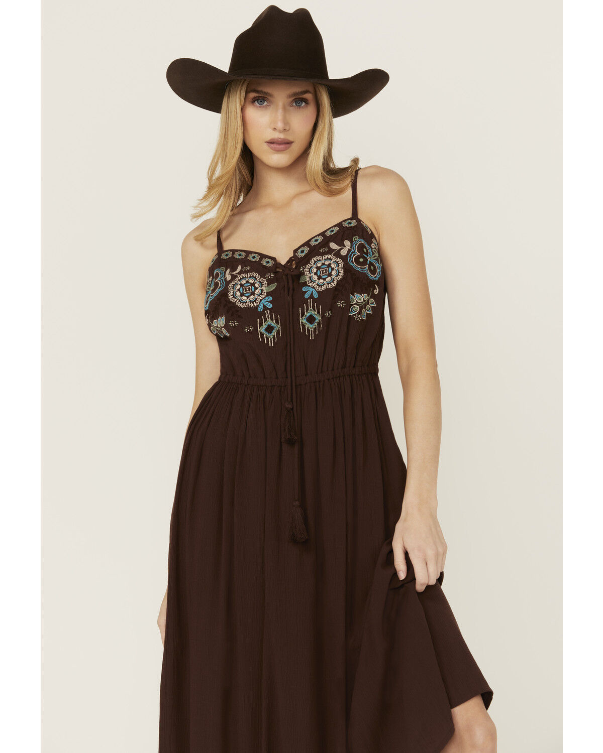Image #2 - Shyanne Women's Embroidered Tie Front Midi Dress, Dark Brown, hi-res