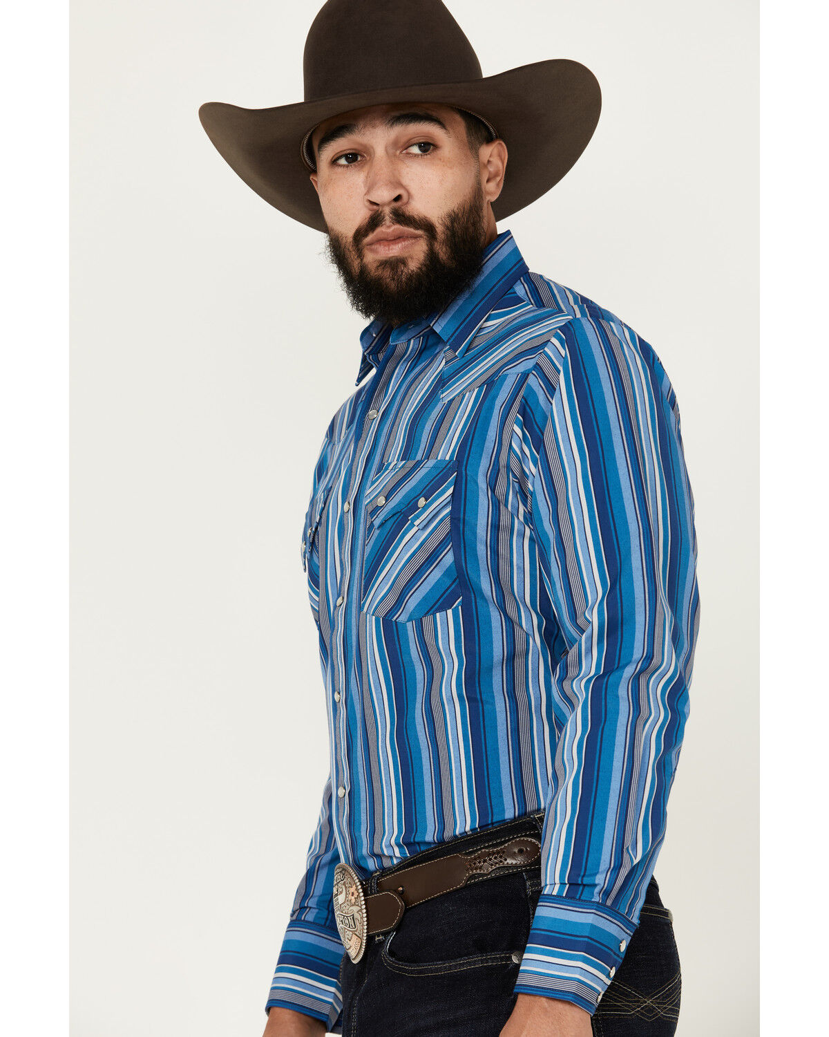 Image #2 - Ely Walker Men's Serape Striped Long Sleeve Pearl Snap Western Shirt, Royal Blue, hi-res