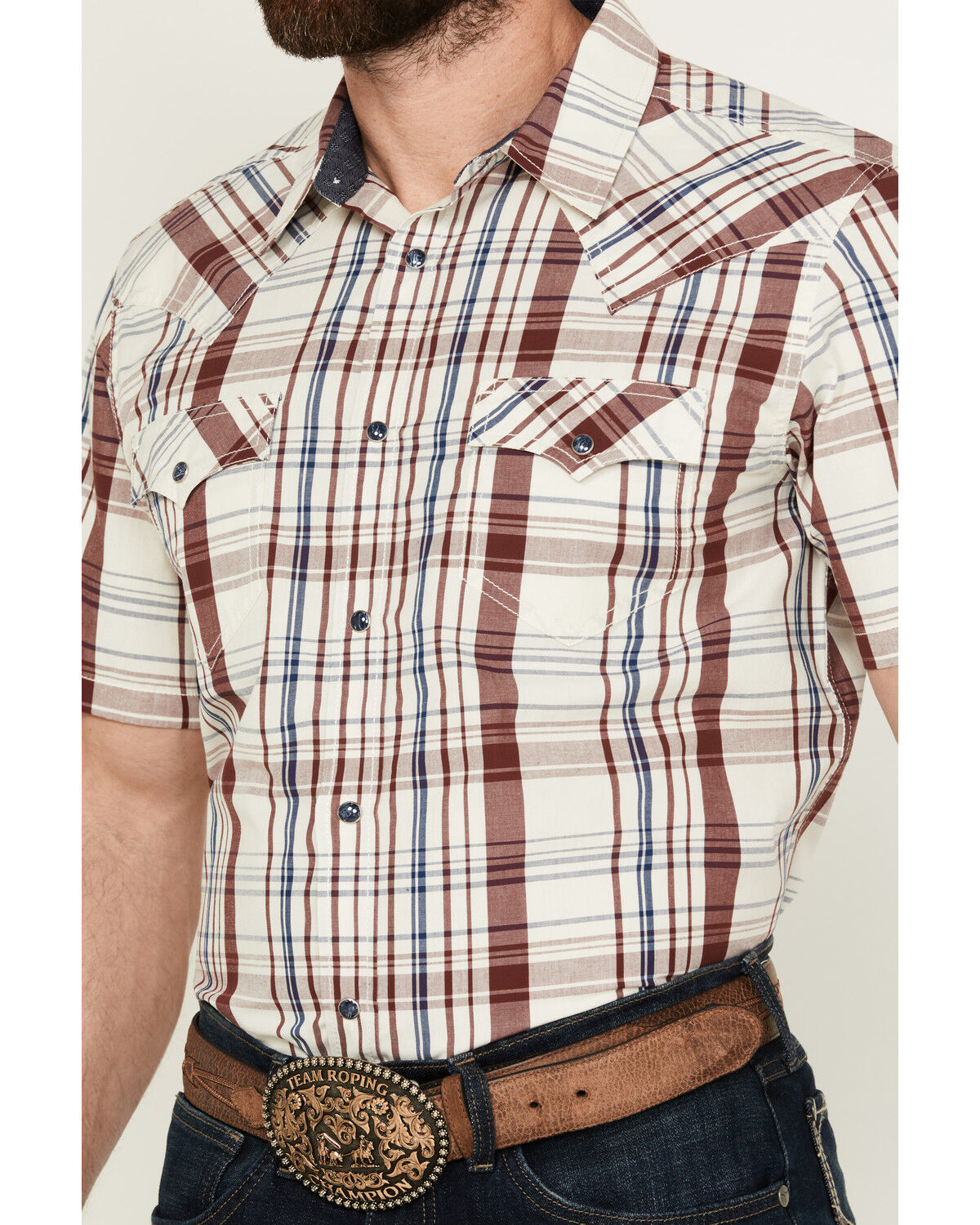 Image #3 - Cody James Men's Festive Plaid Print Short Sleeve Snap Western Shirt, Ivory, hi-res