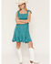 Image #1 - Wild Moss Women's Tie Strap Embroidered Mini Dress, Teal, hi-res