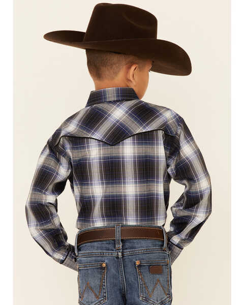 Roper Boys' Plaid Print Embroidered Long Sleeve Snap Western Shirt , Blue, hi-res