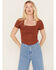 Image #1 - Moa Moa Women's Ribbed Corset Style Short Sleeve Top, Red, hi-res
