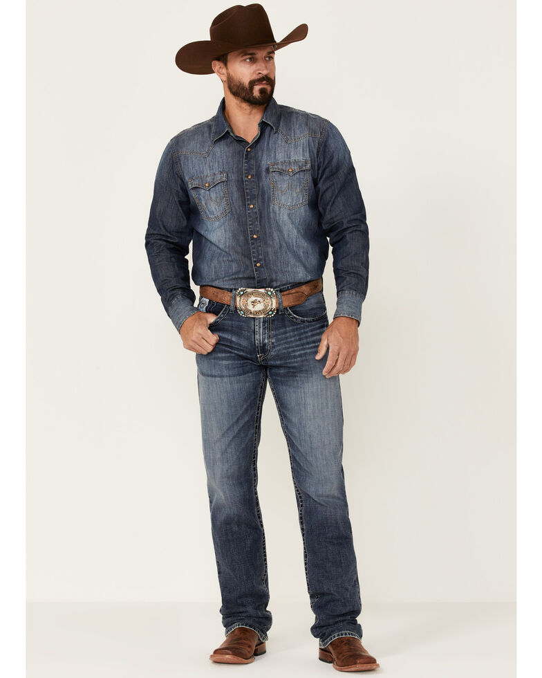 Cinch Men's White Label Medium Stonewash Performance Stretch Relaxed Straight Jeans , Indigo, hi-res