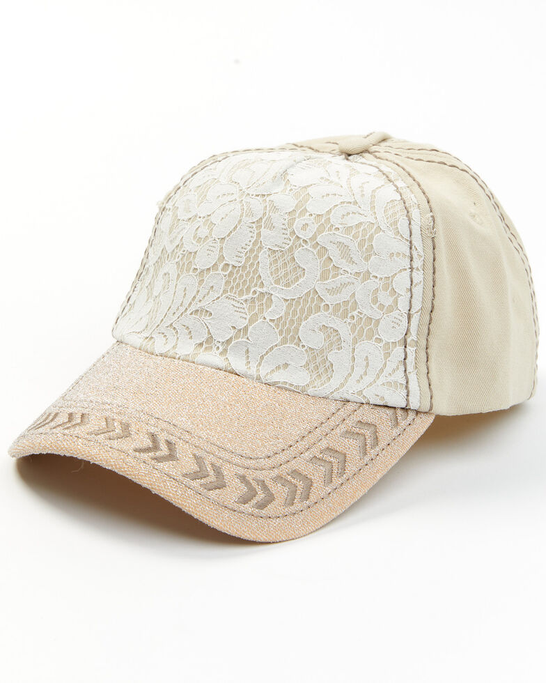 Catchfly Women's Ponytail Embroidered Chevrons White Lace Baseball Cap, White, hi-res