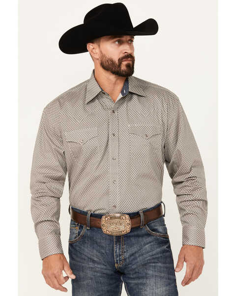Stetson Men's Geo Print Long Sleeve Snap Western Shirt, Grey, hi-res