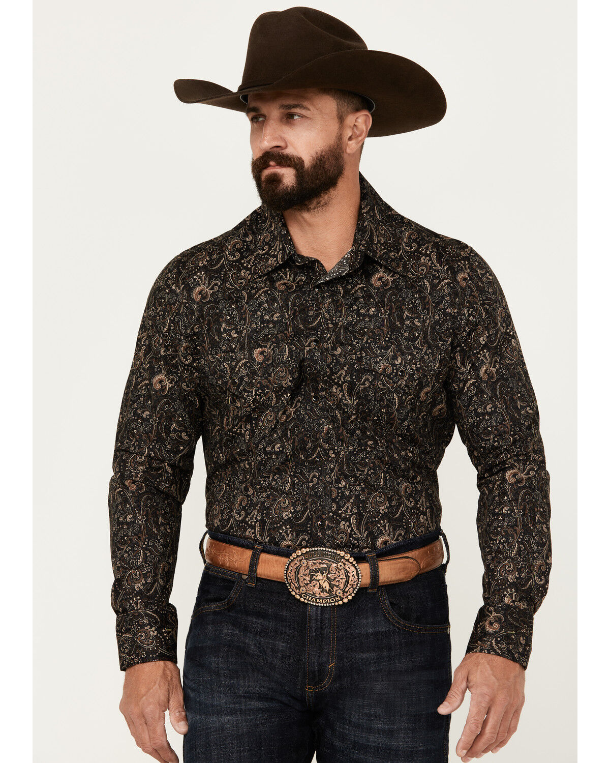 Image #1 - Rock & Roll Denim Men's Paisley Print Long Sleeve Snap Stretch Western Shirt, Black, hi-res
