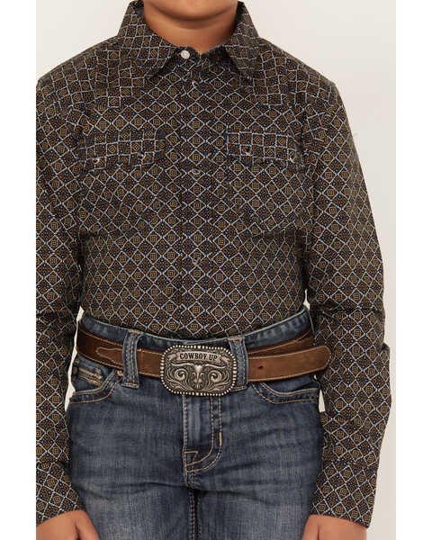 Image #3 - Cody James Boys' Big Bucks Geo Print Long Sleeve Western Snap Shirt, Dark Brown, hi-res