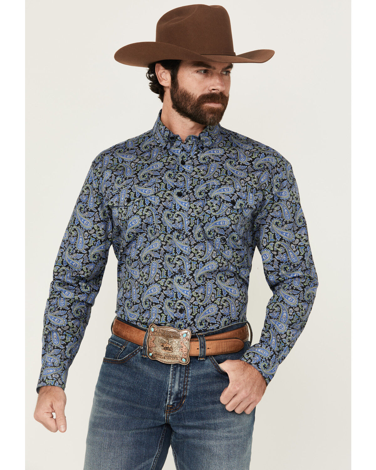 Image #1 - Roper Men's Amarillo Paisley Print Long Sleeve Button-Down Western Shirt, Blue, hi-res