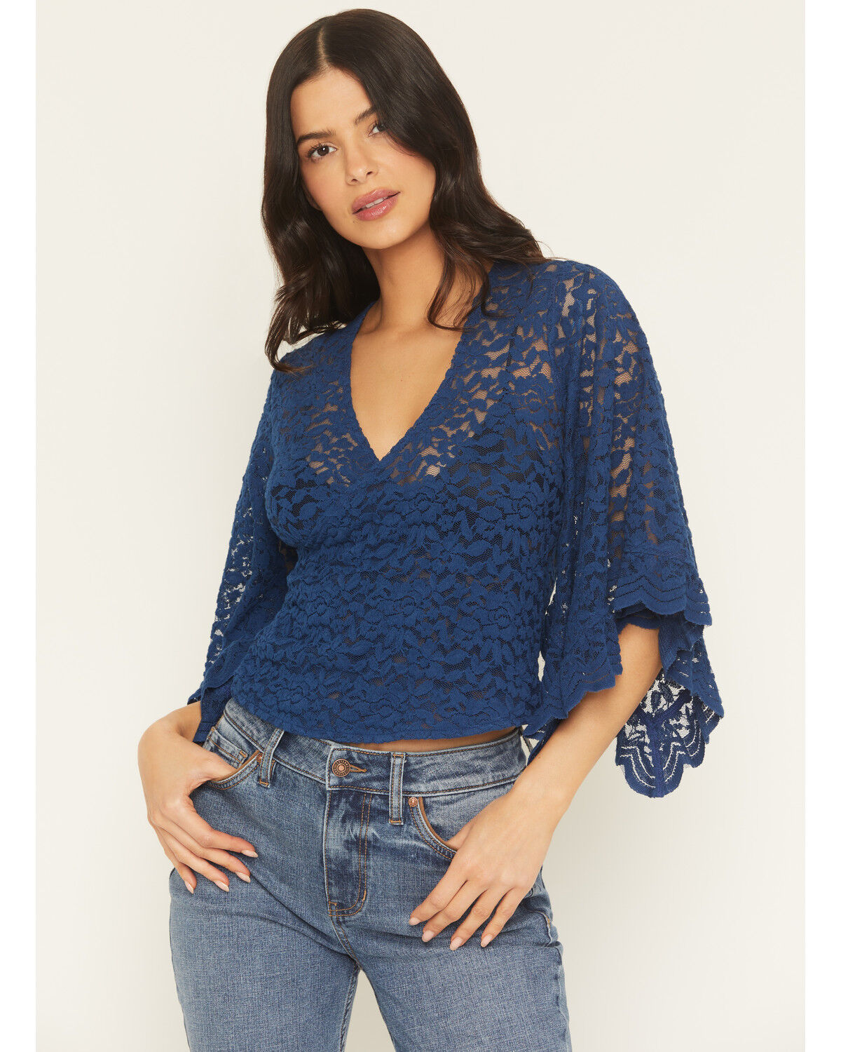Image #1 - Shyanne Women's Wrap Front Long Sleeve Lace Top, Navy, hi-res