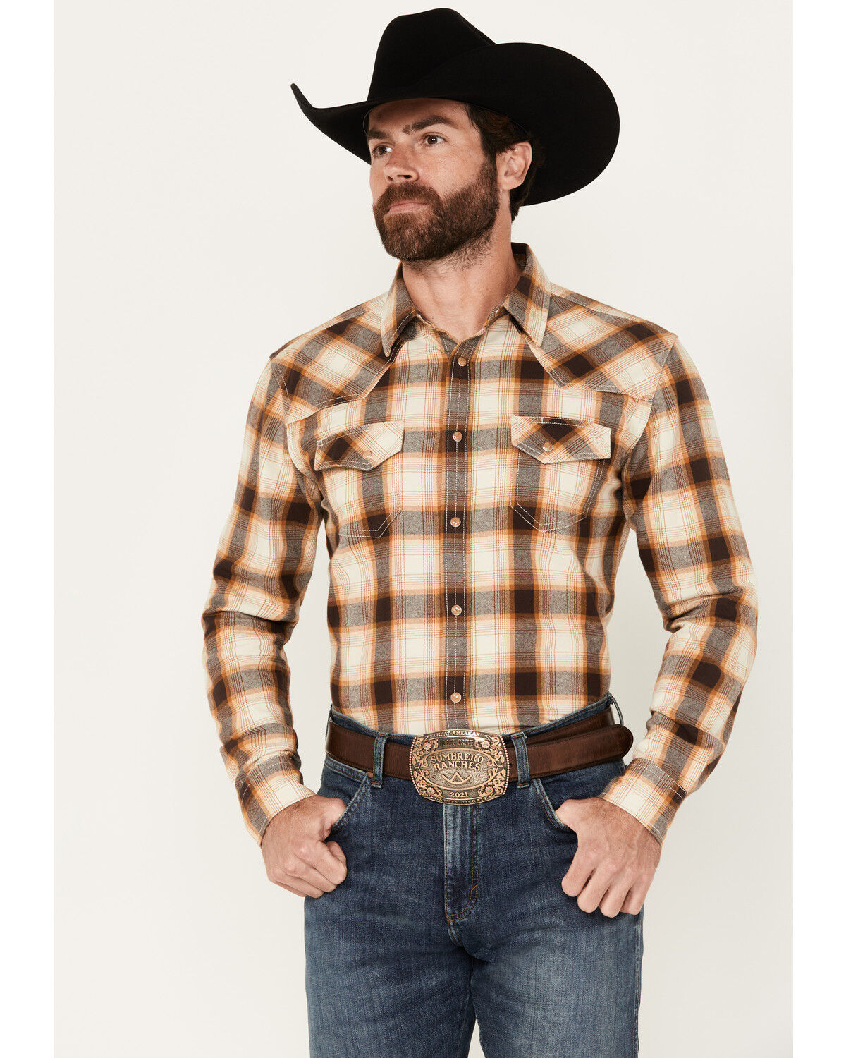 Image #1 - Blue Ranchwear Galveston Plaid Print Long Sleeve Snap Western Shirt, Dark Brown, hi-res