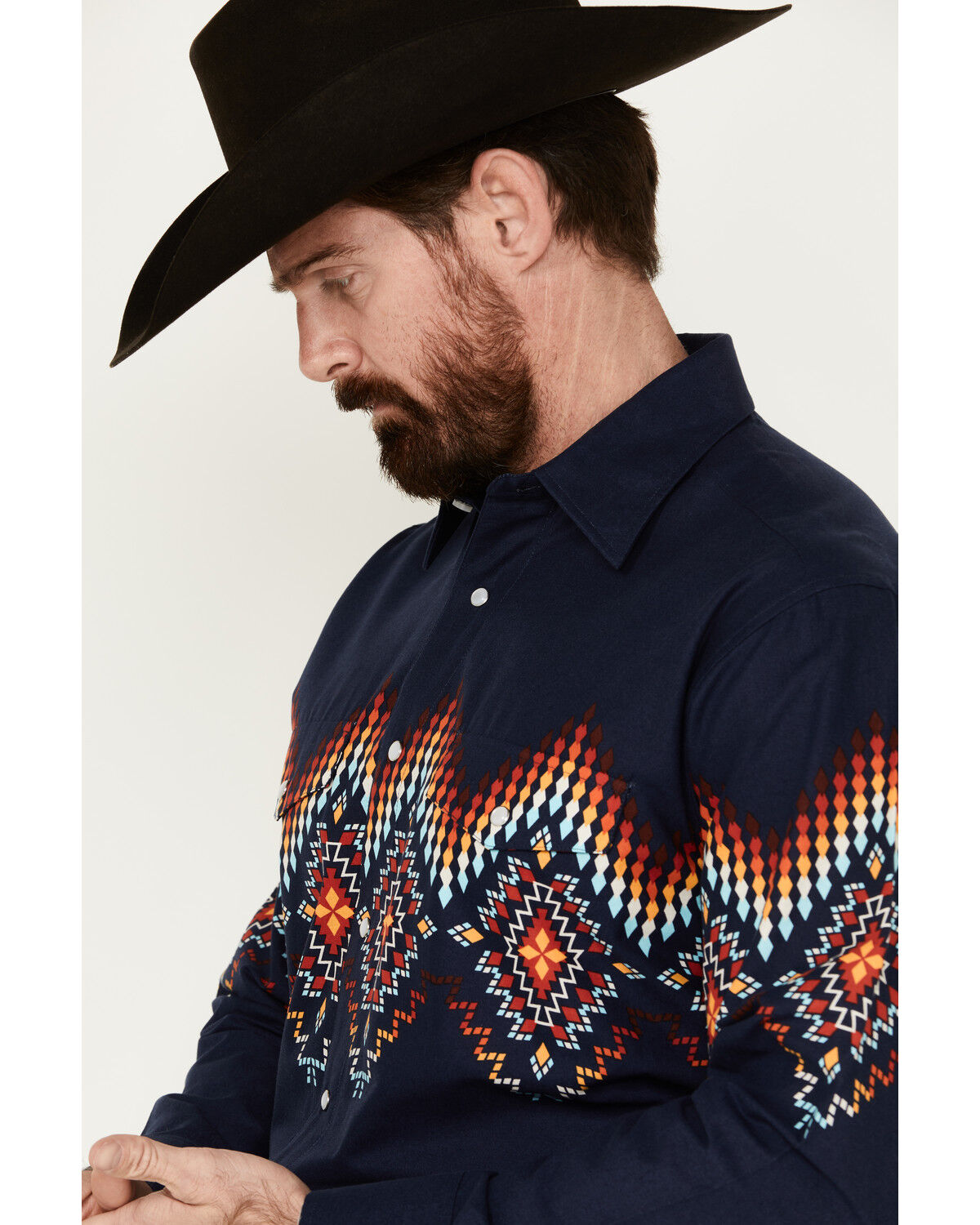 Image #2 - Panhandle Men's Southwestern Border Print Long Sleeve Pearl Snap Western Shirt, Navy, hi-res