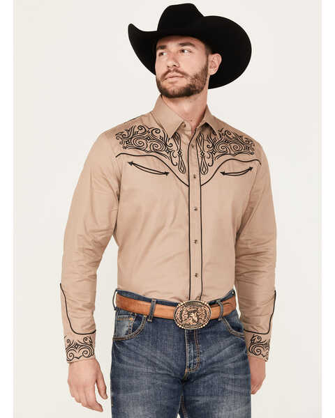 Rodeo Clothing Men's Embroidered Long Sleeve Snap Western Shirt, Tan, hi-res