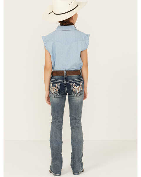 Image #3 - Shyanne Little Girls' Cowhide Steer Head Light Wash Faded Stretch Bootcut Jeans , Light Wash, hi-res
