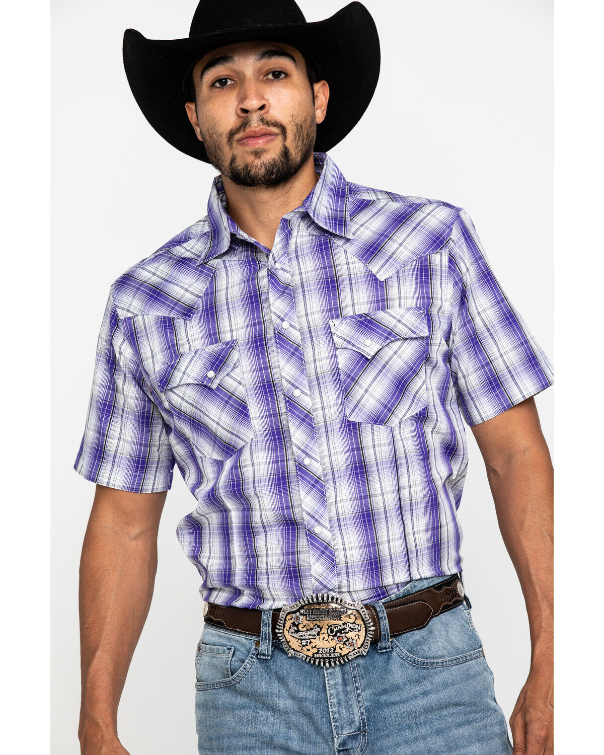 Image #1 - Wrangler Men's Purple Plaid Fashion Snap Short Sleeve Western Shirt , , hi-res