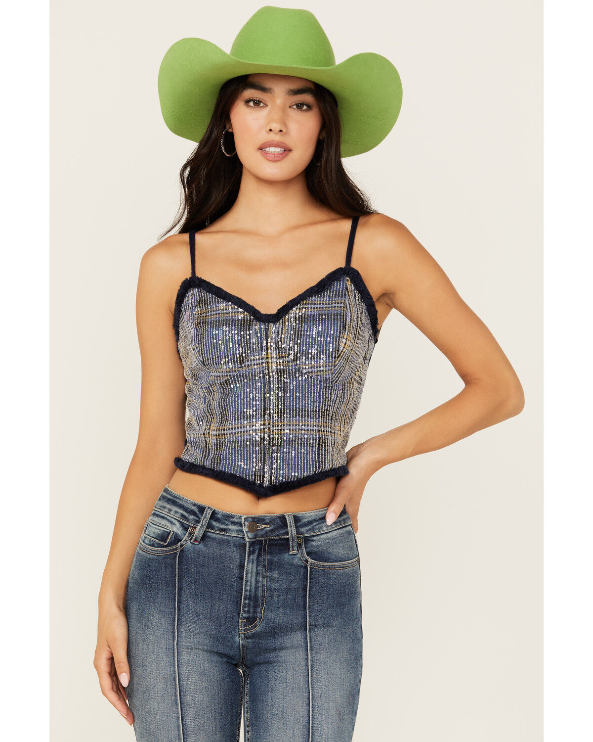 Image #1 - Miss Me Women's Sequins Plaid Print Tank, Medium Blue, hi-res