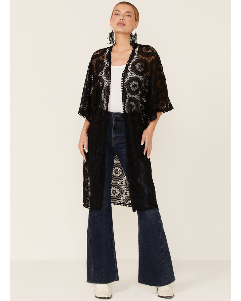 Wild Moss Women's Black Pom Trim Long Lace Kimono, Black, hi-res