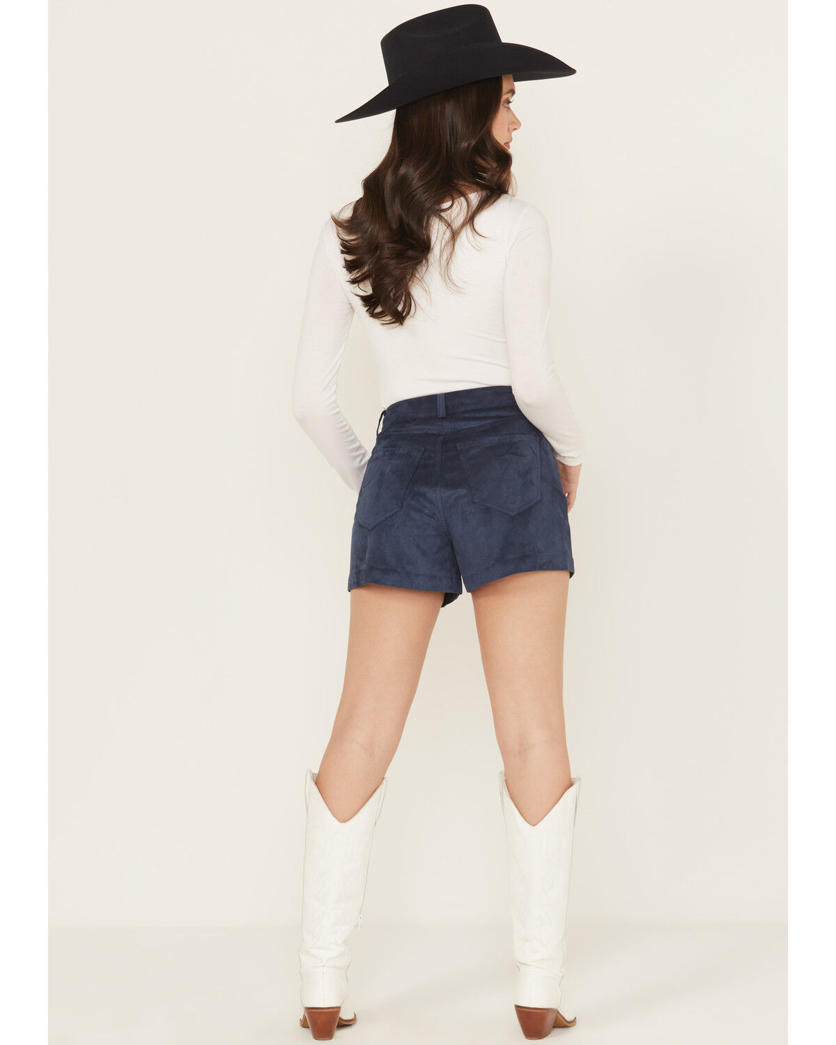 Image #3 - Rock & Roll Denim Women's High Rise Star Studded Microsuede Shorts, Navy, hi-res