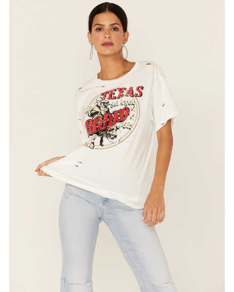 Image #1 - Country Deep Women's Texas San Angelo Rodeo Graphic Distressed Short Sleeve Tee, White, hi-res