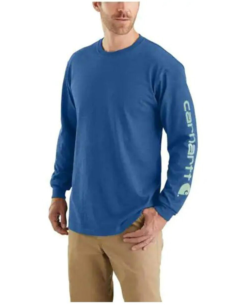 Carhartt Men's Loose Fit Heavyweight Long Sleeve Logo Sleeve Graphic T-Shirt , Blue, hi-res